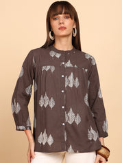 Women Cotton Slub Printed Mandarin Collar Regular Fit Shirt (W1766)