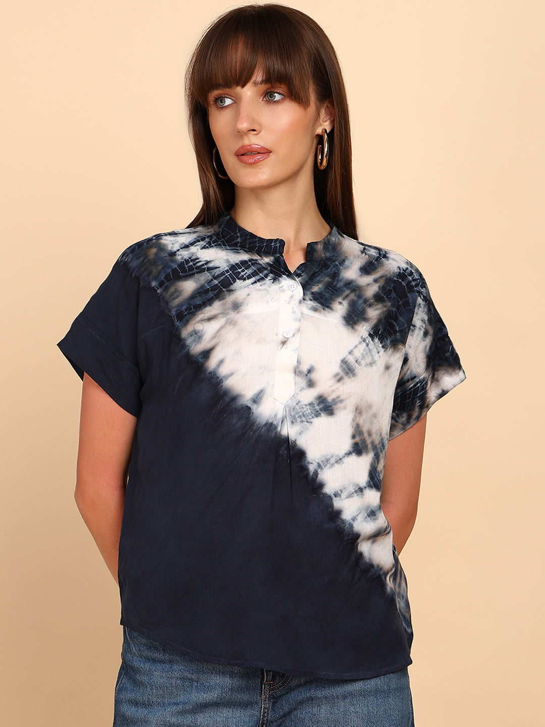 Women Rayon Slub Tie & Dye Mandarin Collar Regular Fit Top (W1771)