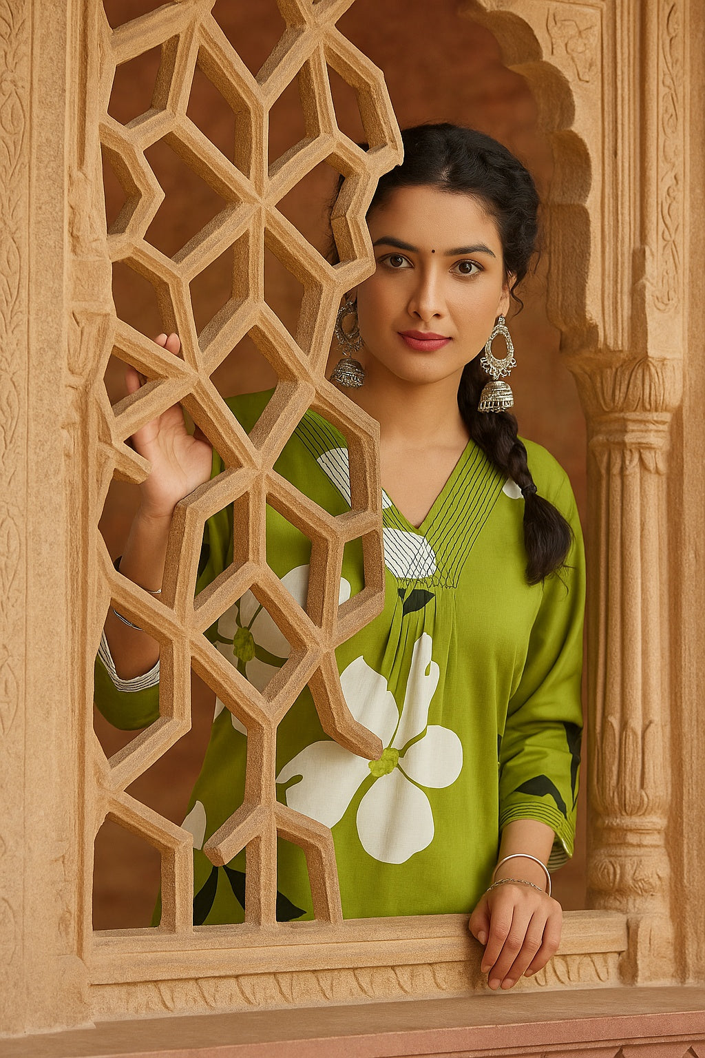 Women Handmade Geometric Pure Cotton Straight Light Green Kurta (W1589)