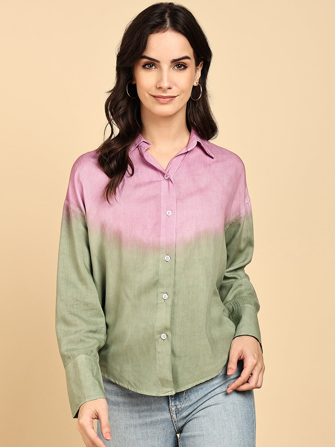 Women Casual Rayon Staple Tie & Dye Spread Collar Full Sleeves Loose Fit Shirt (W1698)