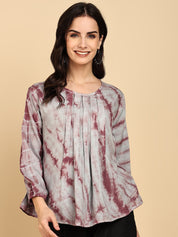 Women Casual Rayon Staple Tie & Dye Round Neck 3/4 Sleeves Regular Fit Top (W1716)
