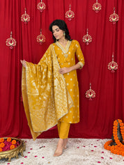 Maaesa Luxe Mustard Banarasi Silk Festive Kurta Set | Kurta Bottom Dupatta (W10007)