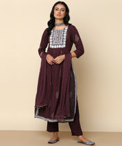 Coffee Brown Embroidered Rayon Naira Cut Kurta with Chiffon Dupatta (W1418)