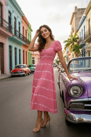 Women Handmade Floral Rayon Flared Pink Dress (W1610)