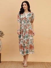 Women White Floral Printed Camric A-Line Dress (W1814)