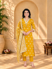 Jaipurhues Luxe Mustard Banarasi Silk Festive Kurta Set | Kurta Bottom Dupatta (W10007)