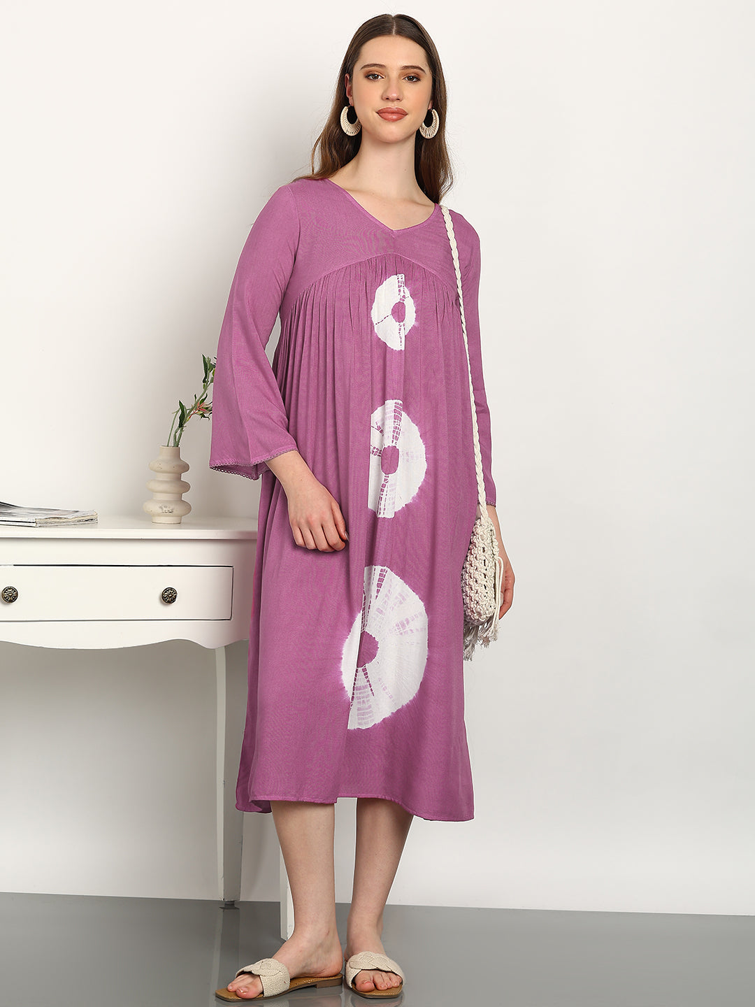 Women Hand Tie & Dye Rayon A-Line Dress (W1732)