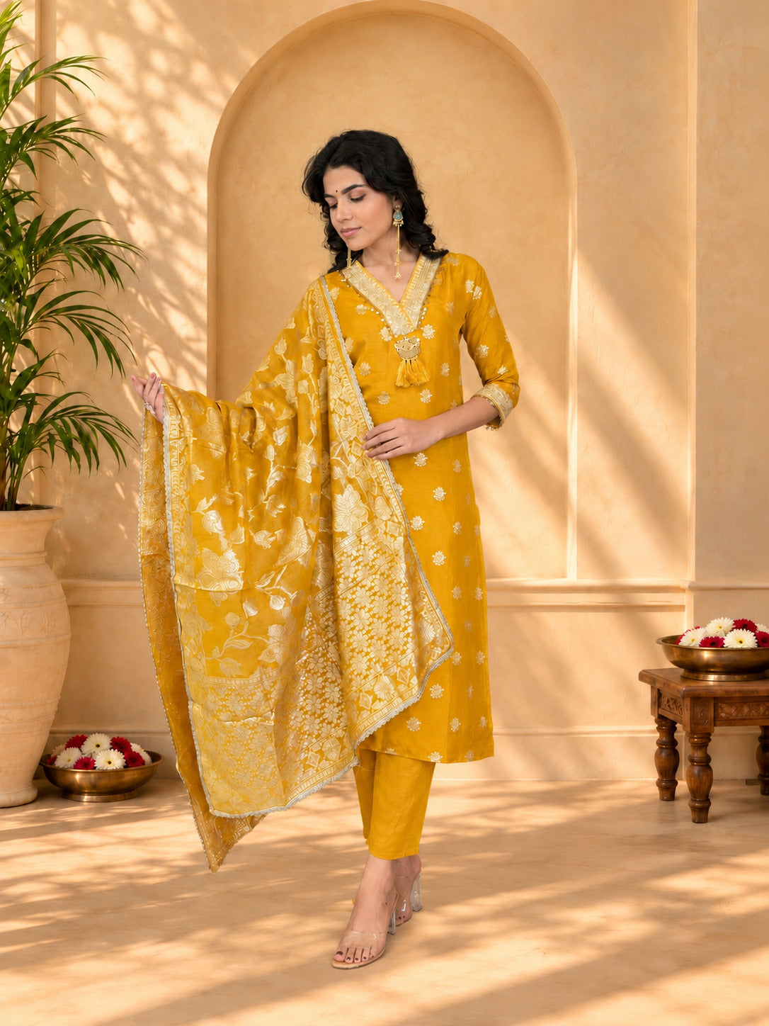 Jaipurhues Luxe Mustard Banarasi Silk Festive Kurta Set | Kurta Bottom Dupatta (W10007)