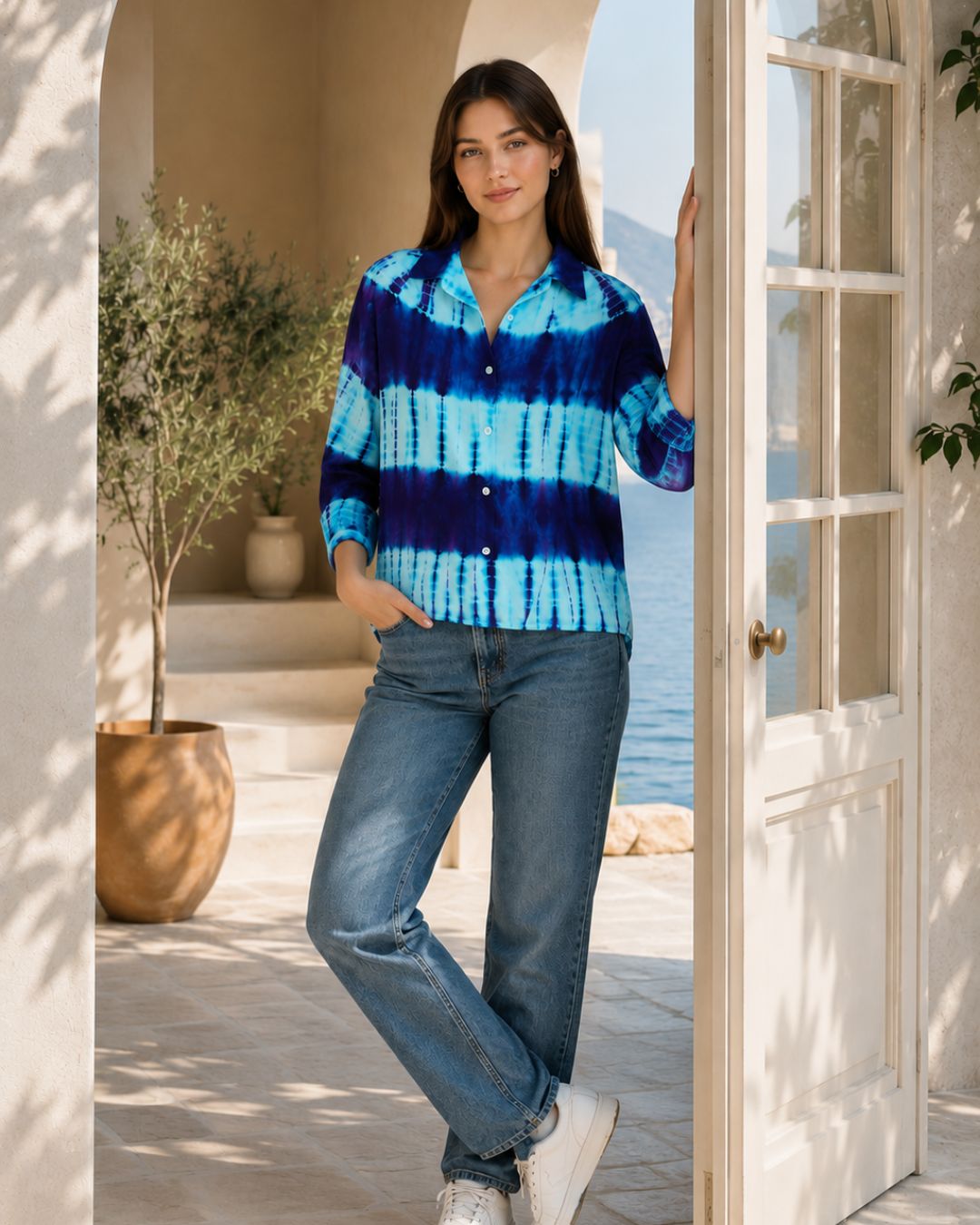 Women Rayon Staple Tie & Dye Spread Collar Regular Fit Shirt (W1774)