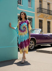 Women Rayon Tie & Dye Spiral Pink Yellow Kaftan Dress (W1347)