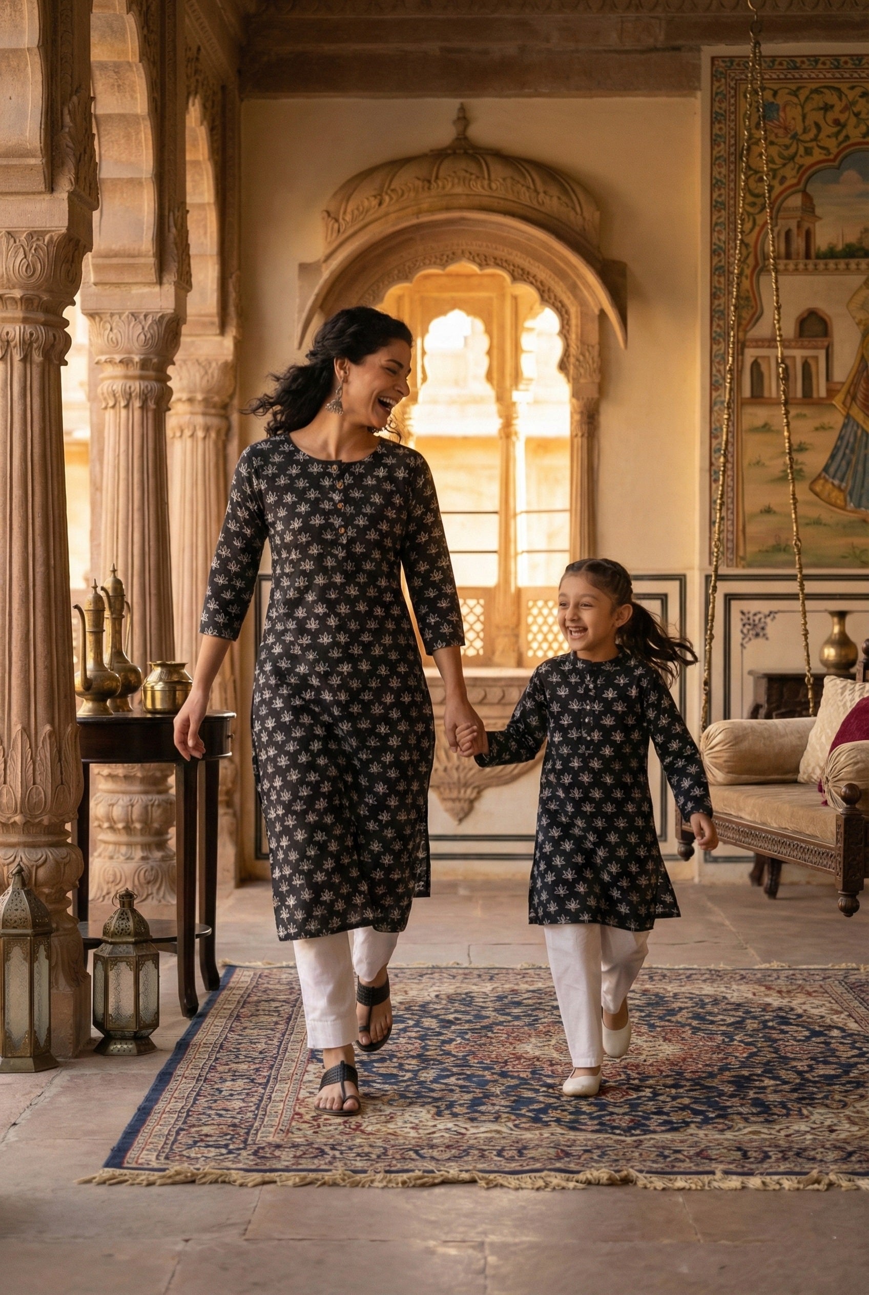 Women Printed Straight Kurta With Matching Girl Kurta Pyjama Set Mother Daughter Combo For Women & Girls (COMBO9032)