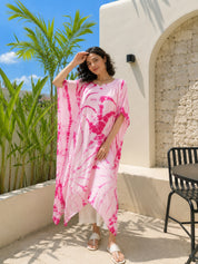 Women Handmade Tie-Dye Rayon Crepe Pink White Kaftan (W1639)