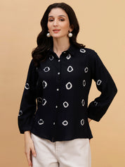 Women Hand Tie & Dye Blue Rayon Casual Shirt (W1798)