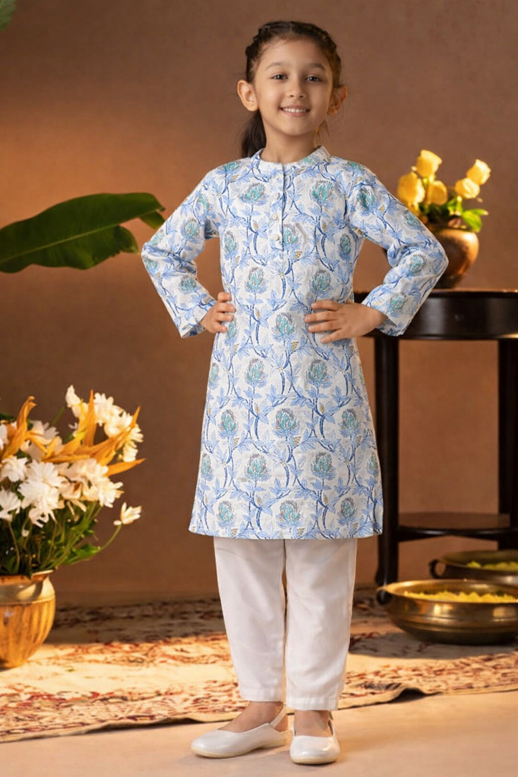 Printed Cotton Kurta Pyjama Set For Girls (K1053)