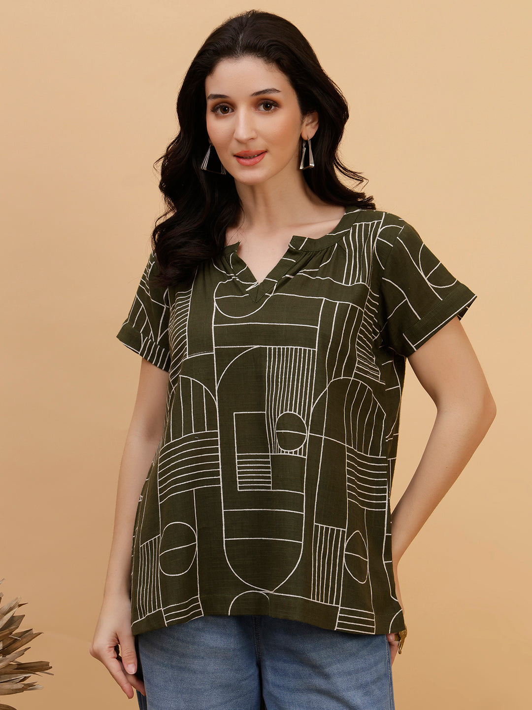 Women Green Cotton Printed Casual Top (W1793)