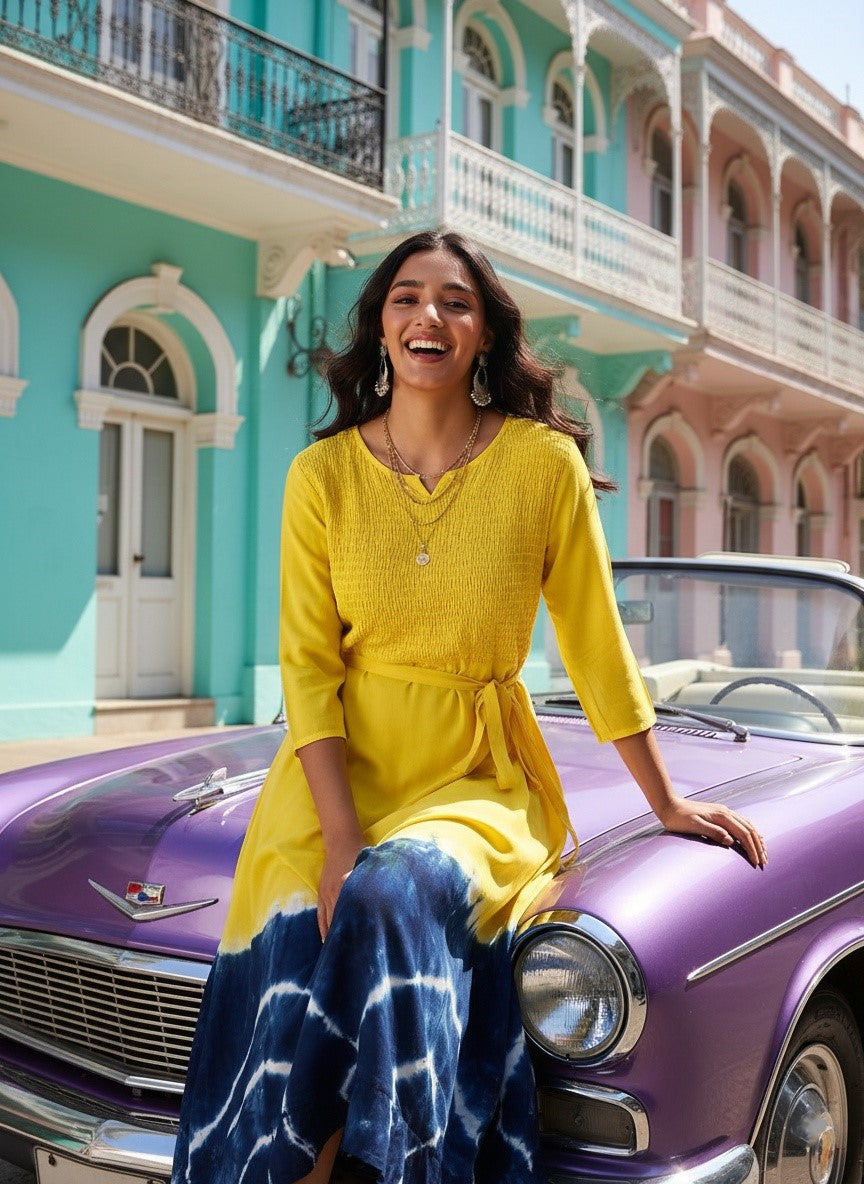 Rayon Tie Dye A-Line Navy Blue Midi Dress With Tie-Up Belt (W1242)