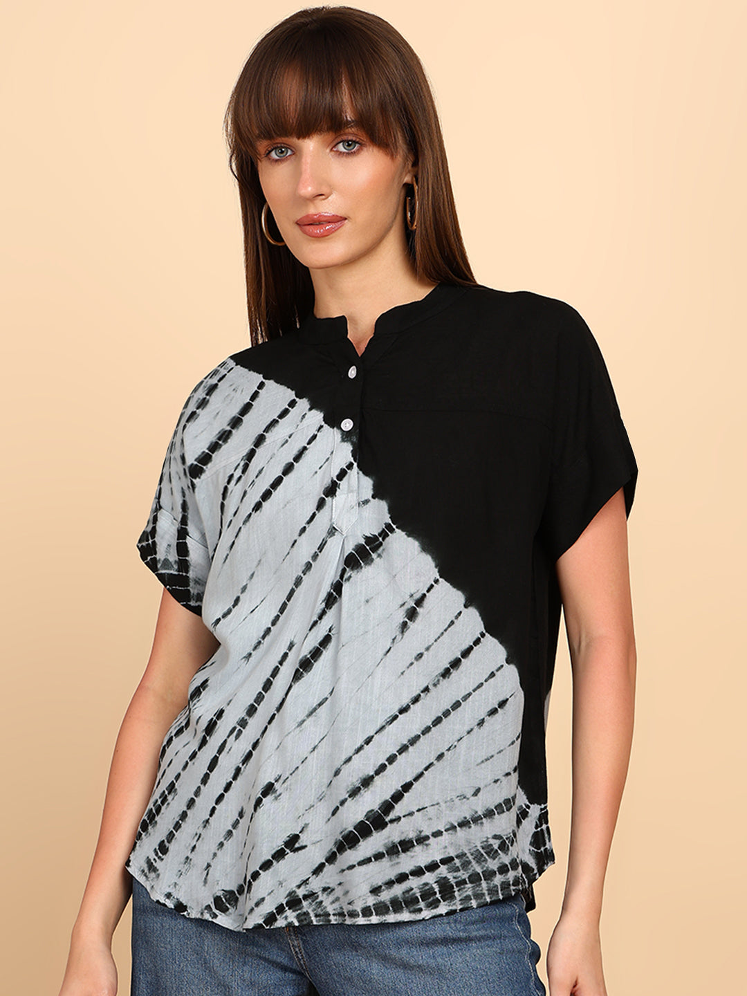 Women Rayon Slub Tie & Dye Mandarin Collar Regular Fit Top (W1769)