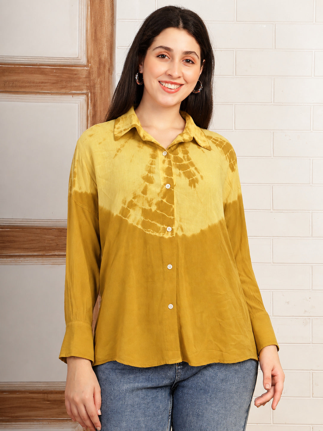 Women Hand Tie & Dye Mustard Rayon Casual Shirt (W1826)