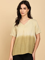 Women Casual Rayon Slub Tie & Dye V-Neck Short Sleeves Regular Fit Top (W1685)