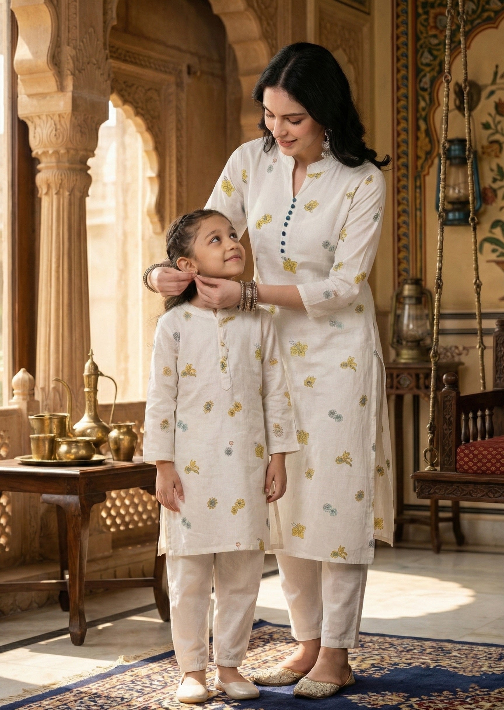 Women Printed Straight Kurta With Matching Girl Kurta Pyjama Set Mother Daughter Combo For Women & Girls (COMBO9034)