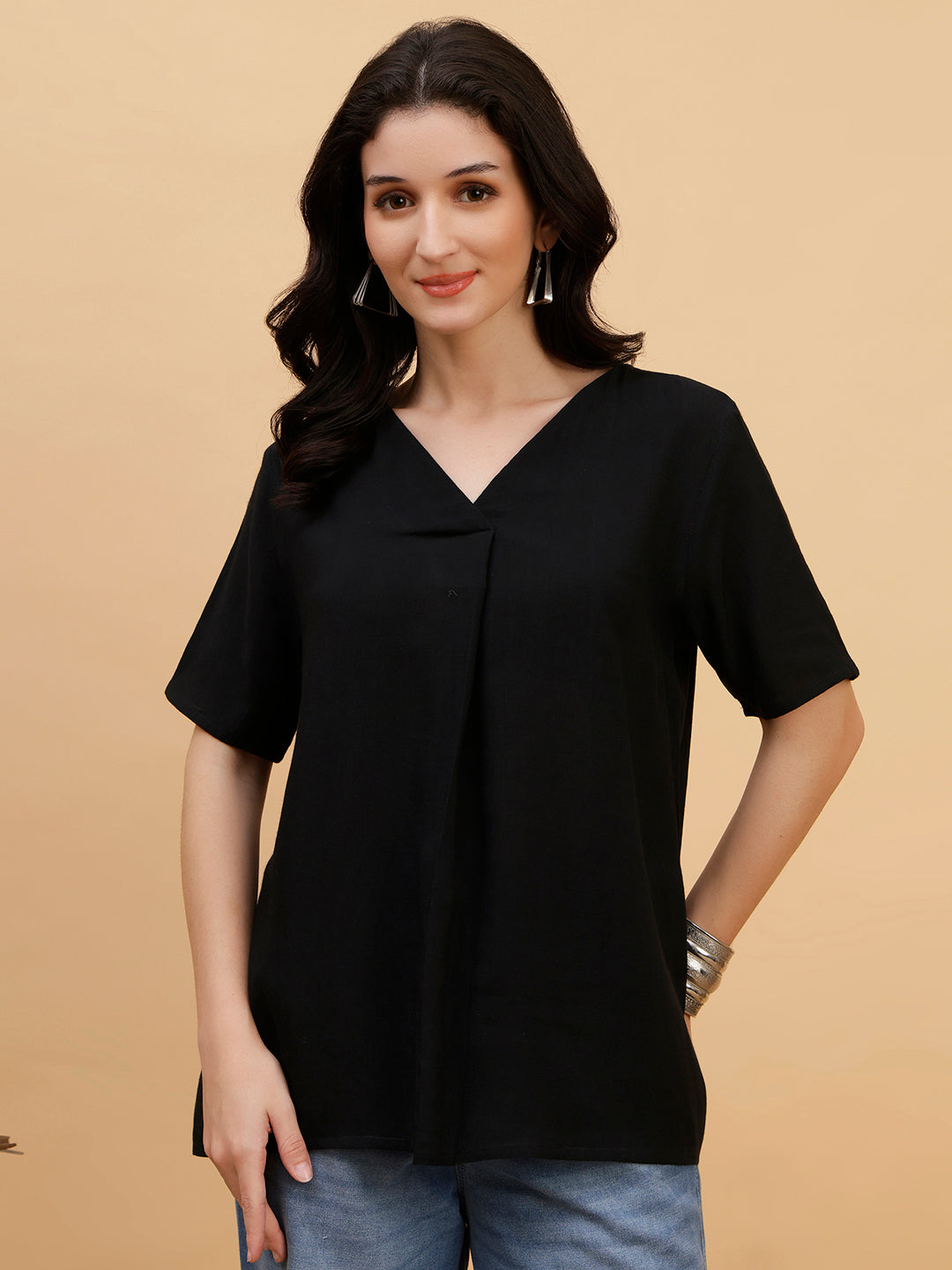 Women Black Solid Rayon Casual Top (W1787)