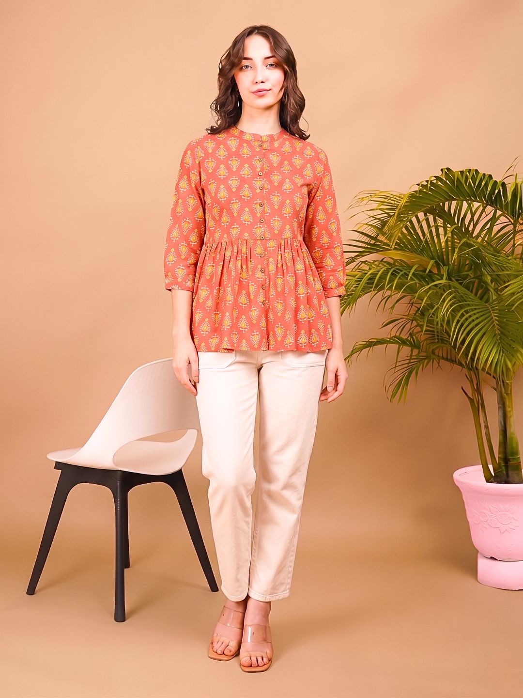 Women Orange Cotton Printed Casual Mandarin Collar A-Line Top (W1344)