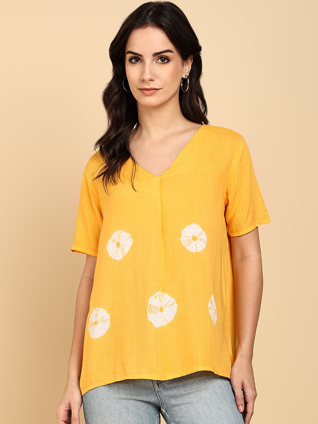 Women Casual Rayon Slub Tie & Dye V-Neck Short Sleeves Regular Fit Top (W1687)