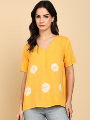 Women Casual Rayon Slub Tie & Dye V-Neck Short Sleeves Regular Fit Top (W1687)