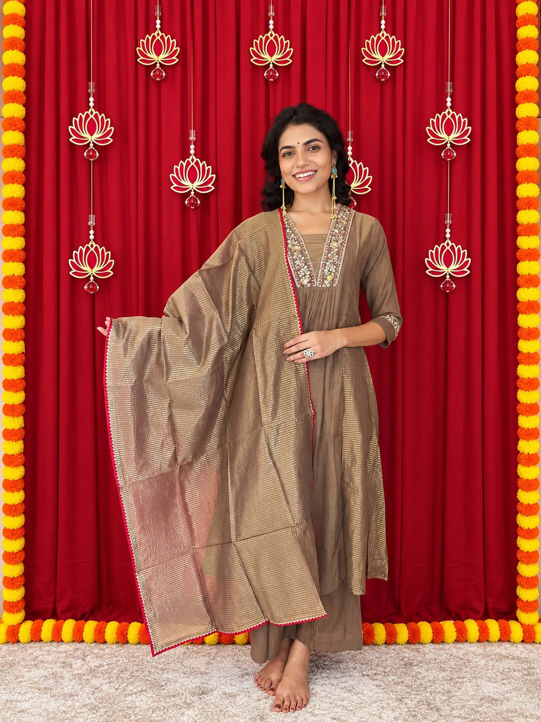 Maaesa Luxe Brown Crepe Tissue Festive Kurta Set | Kurta Bottom Dupatta (W10003)