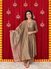 Maaesa Luxe Brown Crepe Tissue Festive Kurta Set | Kurta Bottom Dupatta (W10003)