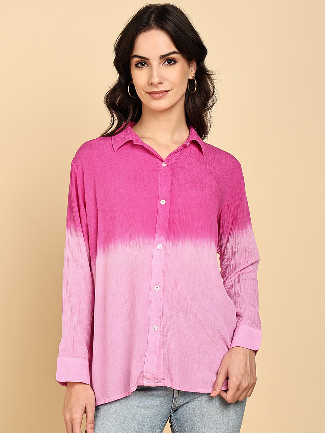 Women Casual Rayon Crepe Tie & Dye Spread Collar Full Sleeves Relaxed Fit Shirt (W1709)