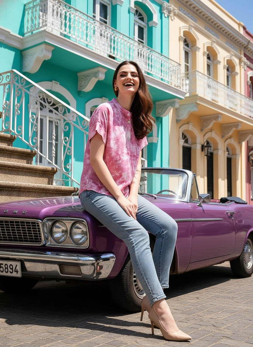 Vibrant Peach Tie-Dye Everywhere Top In Soft Rayon (W1541)