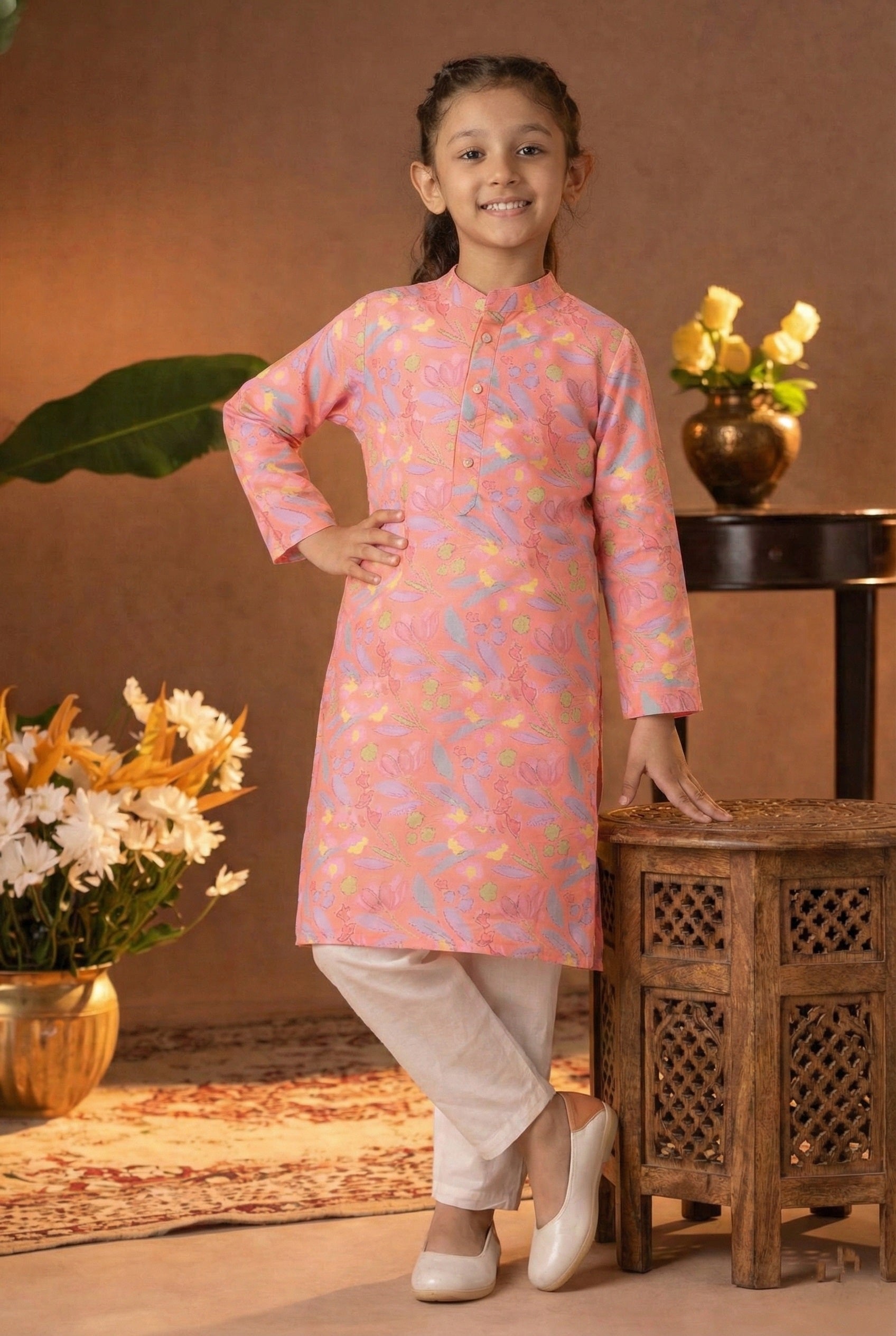 Printed Cotton Kurta Pyjama Set For Girls (K11087)