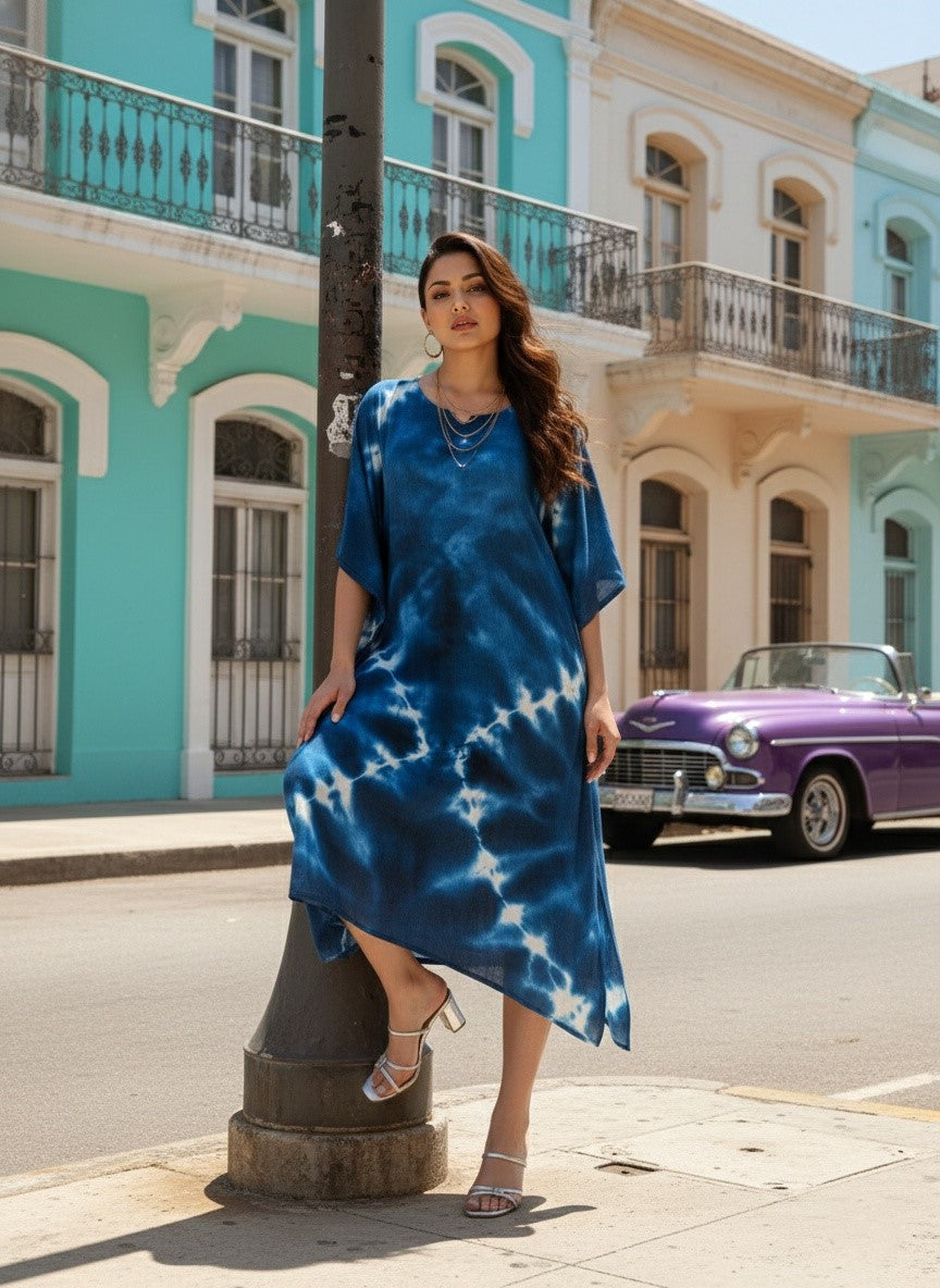 Women Rayon Crepe Tie & Dye Blue Kaftan Dress (W1348)