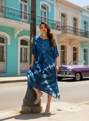 Women Rayon Crepe Tie & Dye Blue Kaftan Dress (W1348)