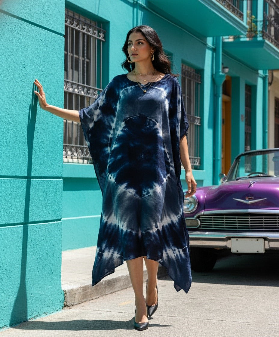 Rayon Hand Dyed Tie Dye Dark Blue Kaftan Dress (W1187)