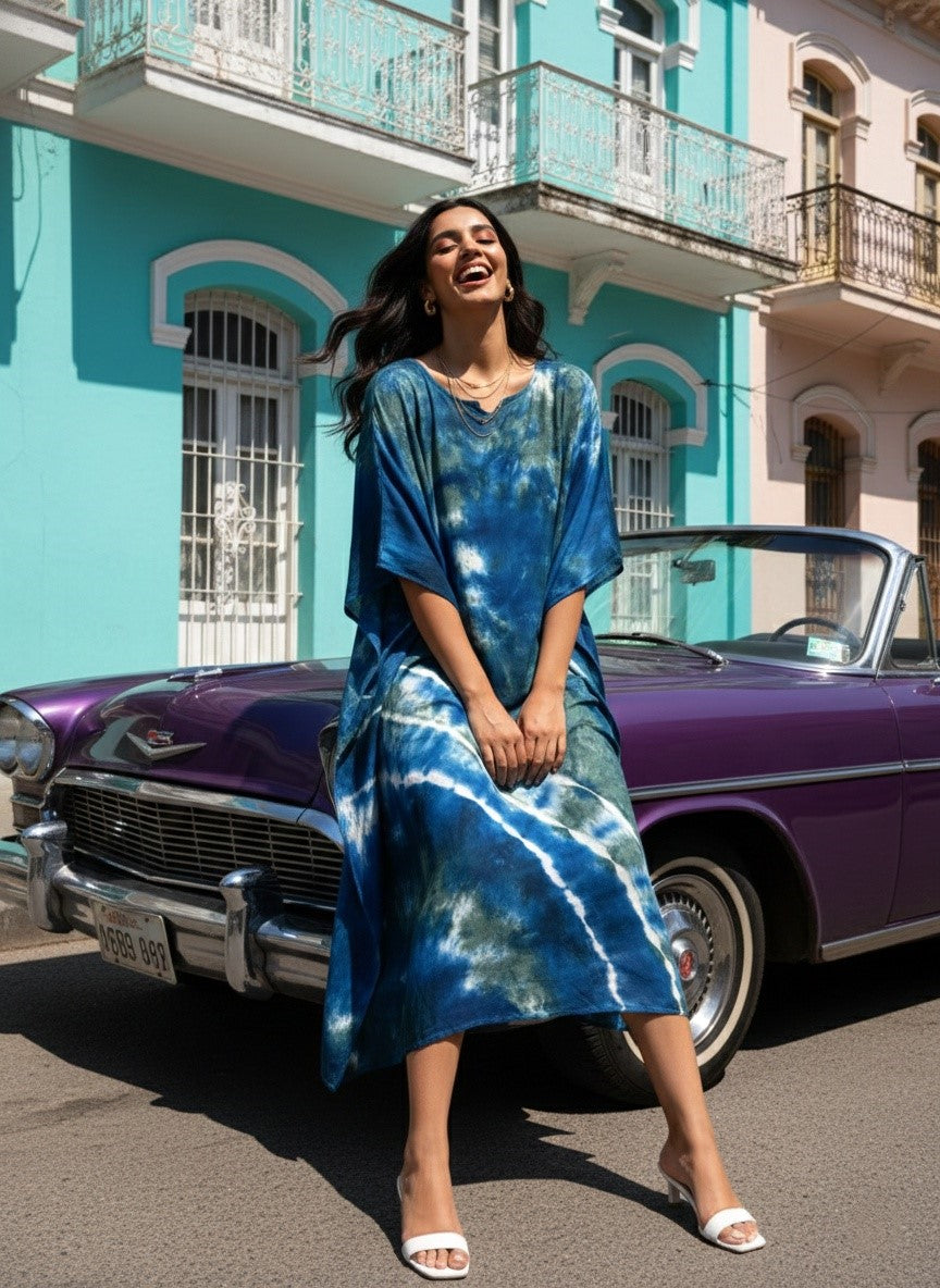 Women Rayon Crepe Tie & Dye Blue Kaftan Dress (W1209)
