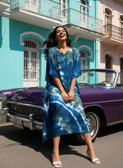 Women Rayon Crepe Tie & Dye Blue Kaftan Dress (W1209)