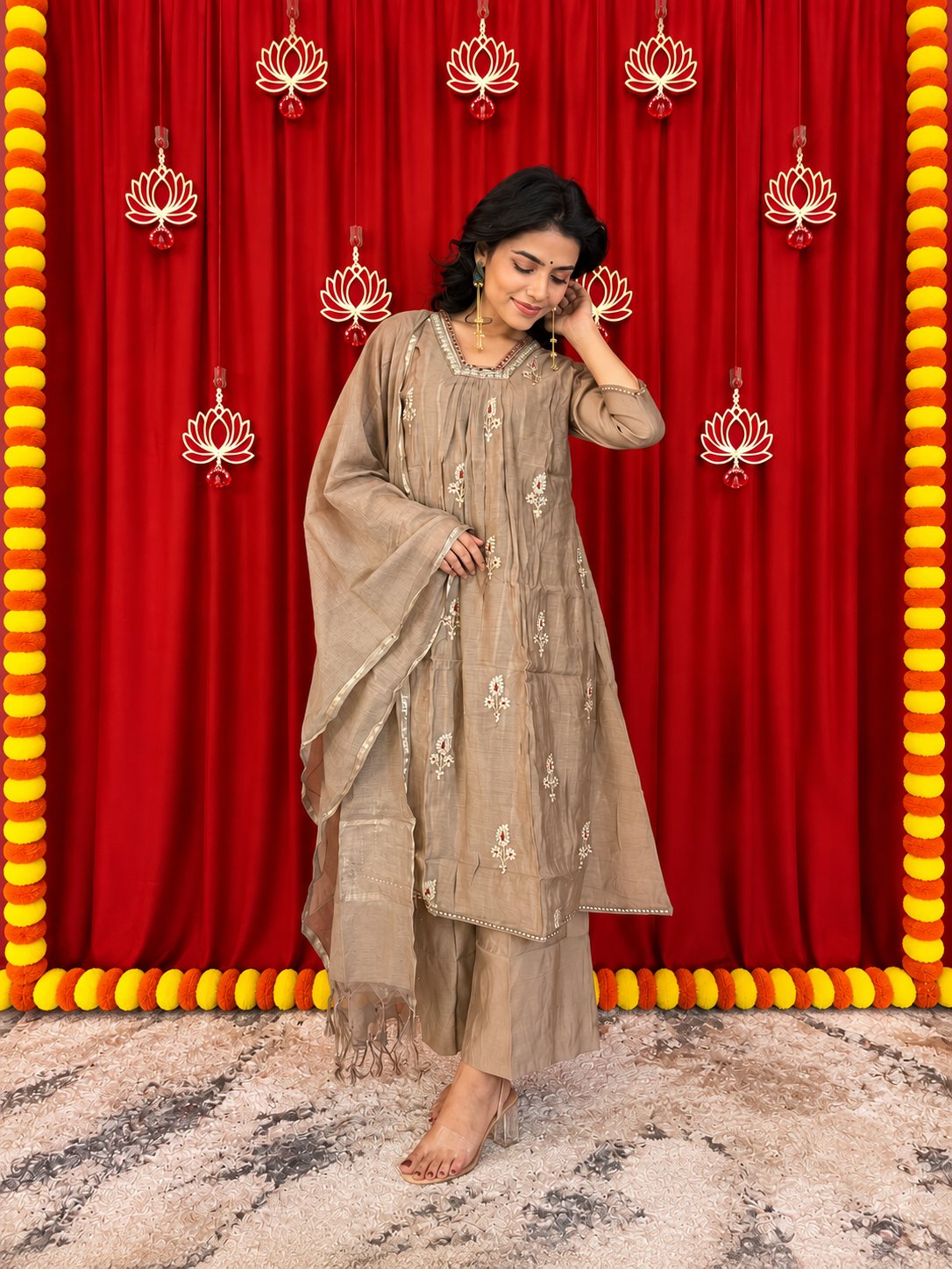 Maaesa Luxe Brown Mulchanderi Festive Kurta Set | Kurta Bottom Dupatta (W10002)