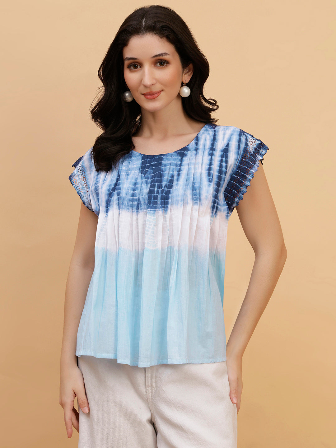 Women Blue-White Tie & Dye Camric Casual Top (W1806)