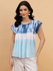 Women Blue-White Tie & Dye Camric Casual Top (W1806)