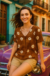 Half Sleeves Tie Dyed Front Pleated Rayon Top (W1473)