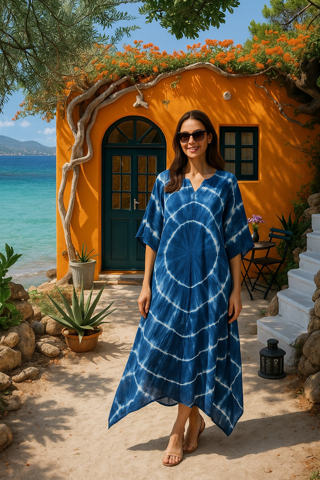 Rayon Crepe Tie Dye Blue Kaftan Kurta (W1125)