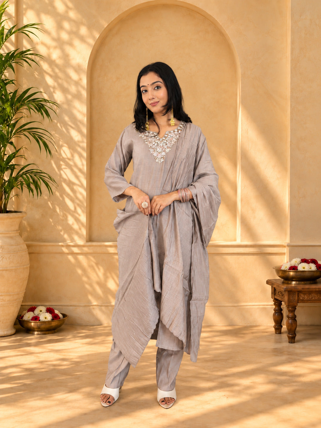 Jaipurhues Luxe Chiku Mulchanderi Festive Kurta Set | Kurta Bottom Dupatta (W10005)