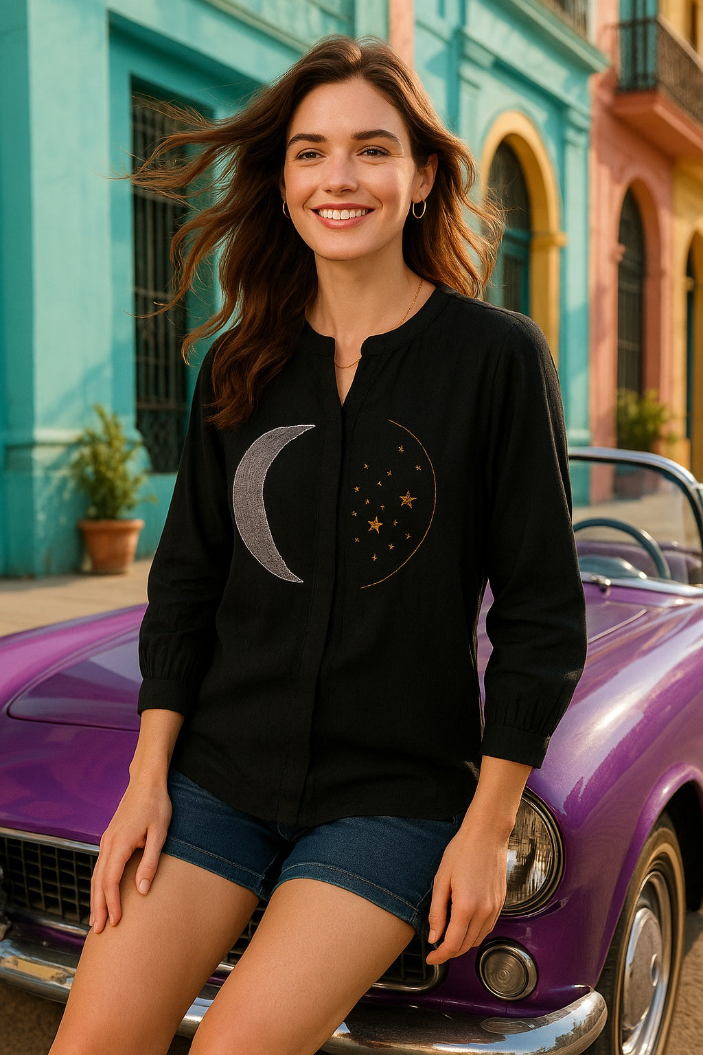 Black Tie-Dye Crepe Loose Fit Shirt (W1560)