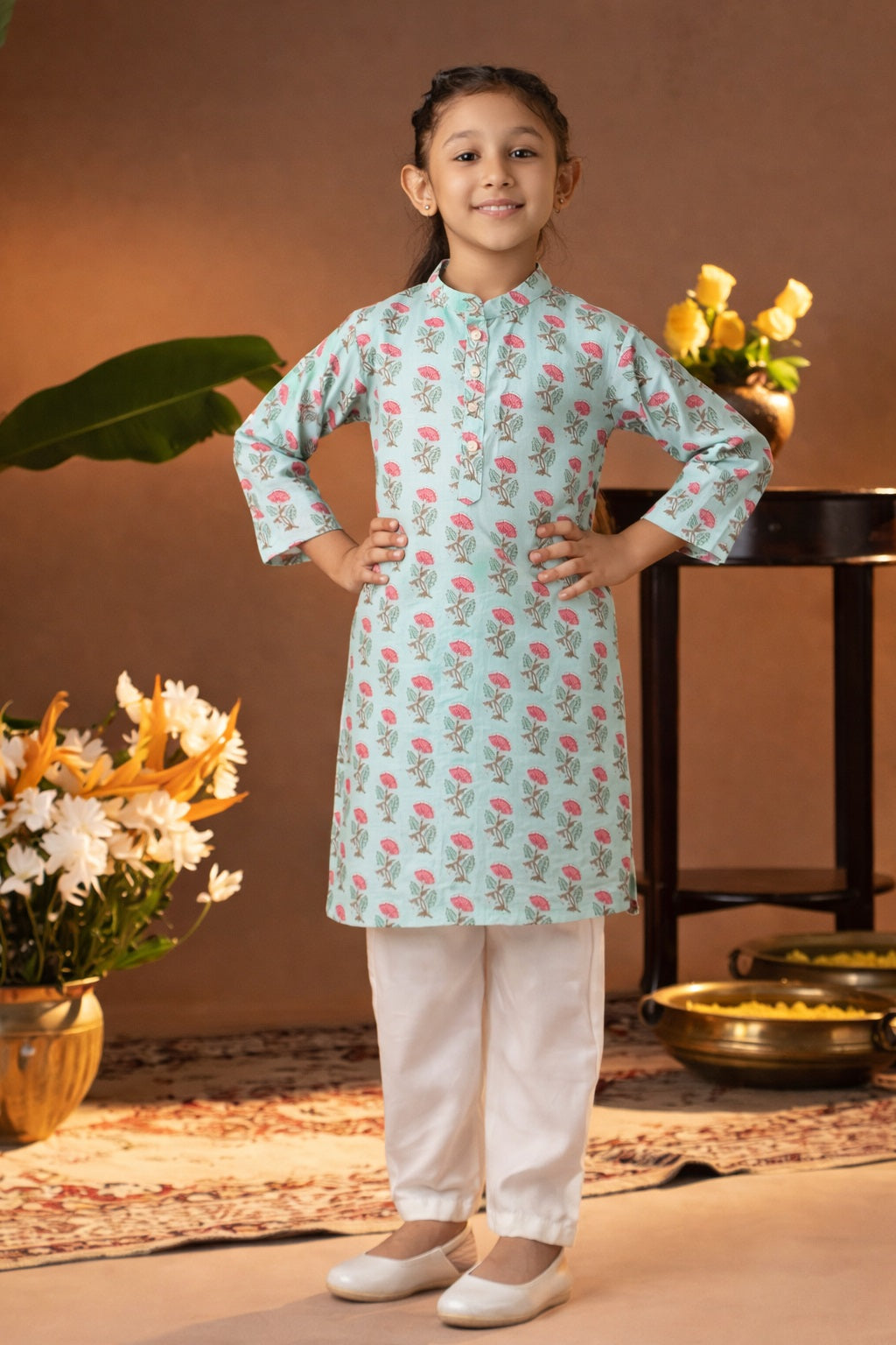 Printed Cotton Kurta Pyjama Set For Girls (K1055)