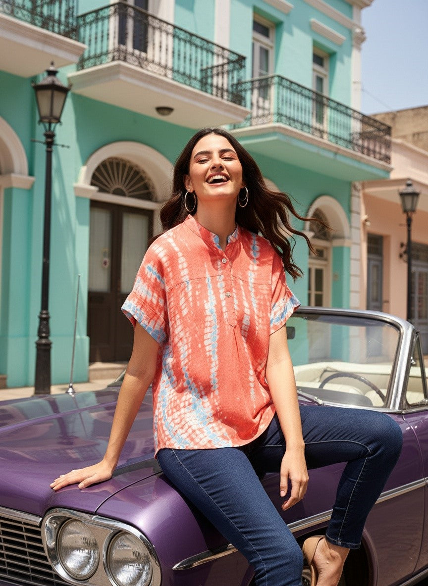 Hand Tie Dyed Red  Top for Women (W1529)