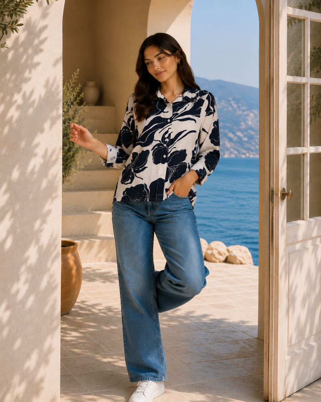 Women Rayon Slub Printed Spread Collar Regular Fit Shirt (W1761)