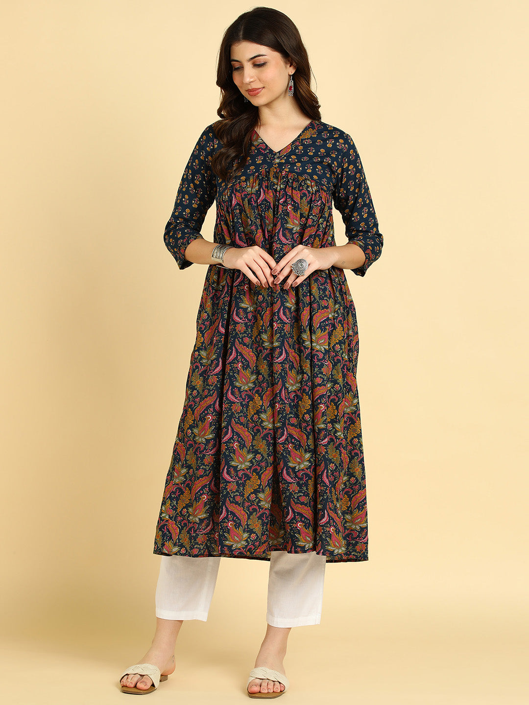 Women Floral Printed Cotton Flared/A-Line Dress (W1668)