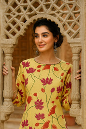 Women Handmade Floral Pure Cotton Straight Yellow Kurta (W1584)